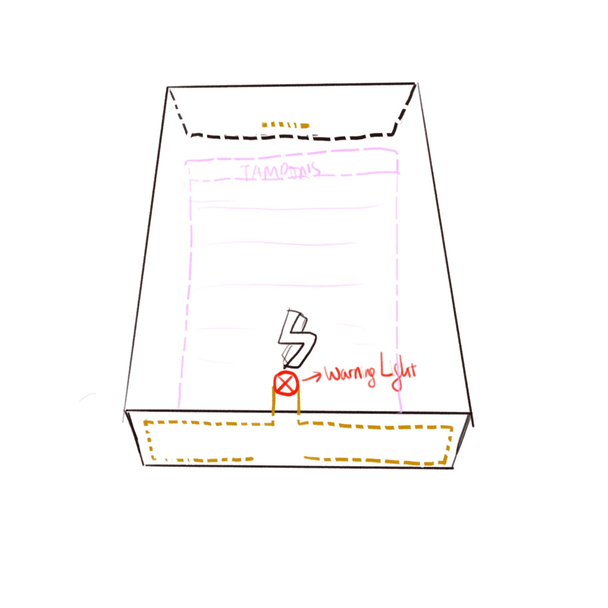 Another angle of the dispenser. In this diagram, I used dashed lines to show the internal structure. In this design, I included the LED and more clearly illustrated how the circuit is connected. The conductor on the top plate aligns with the circuit gap at the bottom, ensuring the circuit connection.