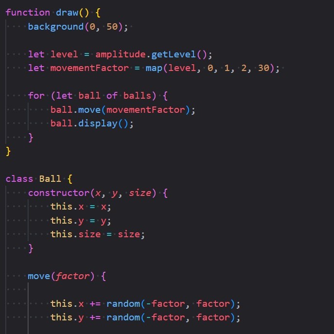 Here’s the JavaScript code for the small sphere effect. I primarily used the constructor and move functions to create this effect.