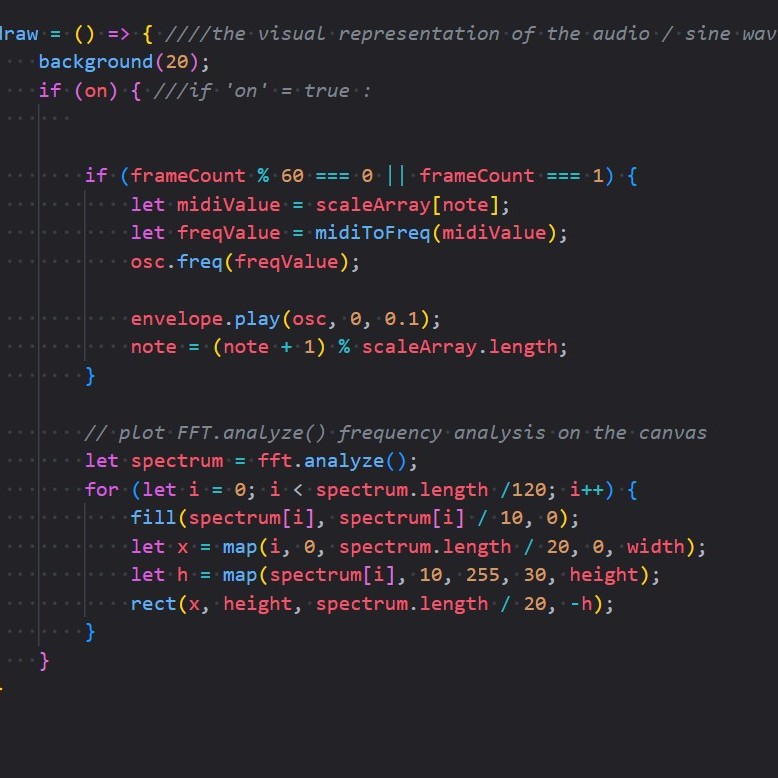 Still based on the ADSR tutorial video, I modified the spectrum parameters in P5.js. I learned that it can change the waveform, and I’m excited to see the final result.