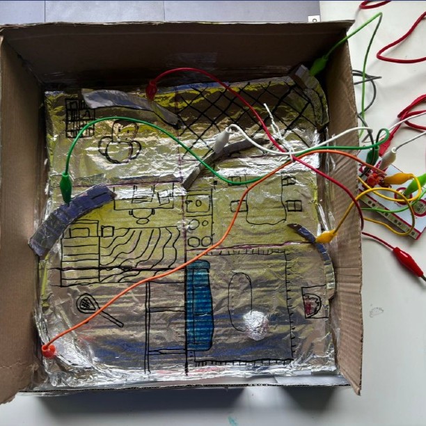 Inspired by my previous attempts, I created a maze where each wall is connected to a different sound. The player tilts the box to control an aluminum foil ball, and when the ball touches a wall, it completes the circuit and triggers a corresponding sound.