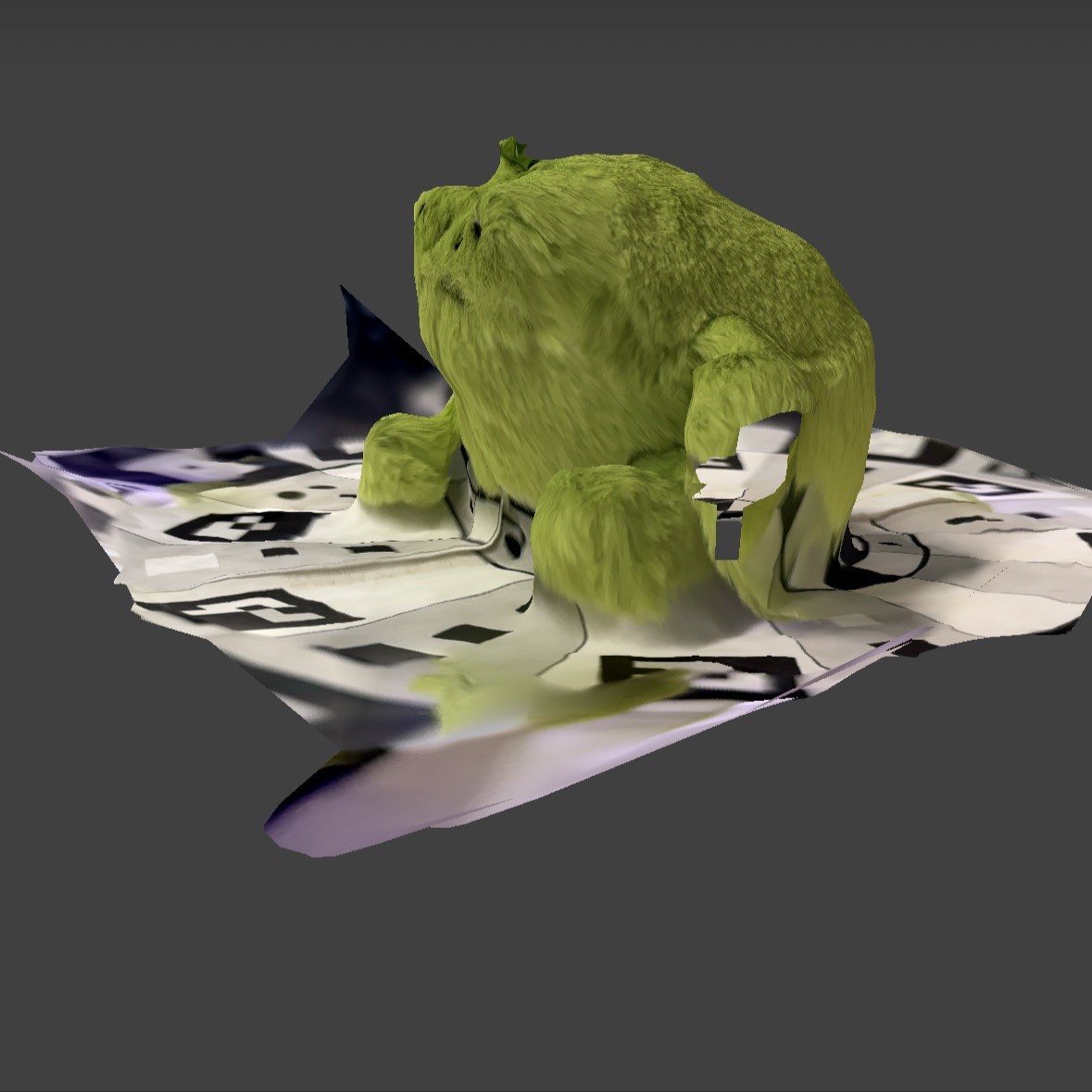 Still this rain frog, which more than just creates many holes in the scan, can be observed to create a sticking of its bottom to the tabletop. Such an effect could have made editing and adjusting difficult later on, so I chose to discard this item and not include it in my final design.