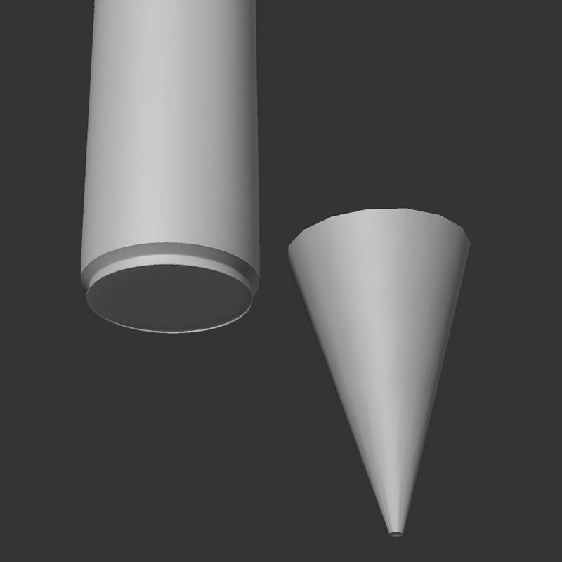 I use a cone to model the nib. As the photo of the Apple Pencil shows, it is two separate parts from the stick, and it has a rounded tip, so I still used  Boole to create the nib. Meanwhile, at the end of the pen barrel, I used the bevel tool to create a groove.