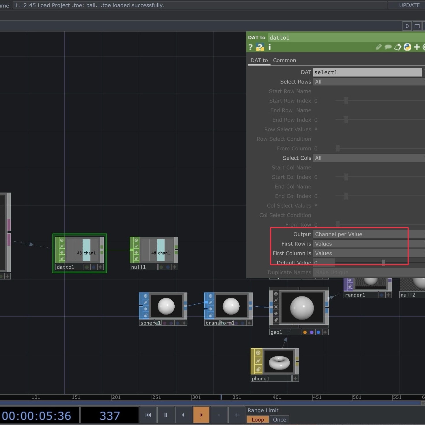 In class, we were unable to create the desired visual effect, mainly because we didn’t adjust the parameters at this step. After class, I watched several tutorial videos, and one of them demonstrated how to create a sphere in TouchDesigner, just like our goal. I learned that at this stage, we need to set Output to Channel per Value. This allows the data from Arduino to be converted into numeric values that TouchDesigner can use.