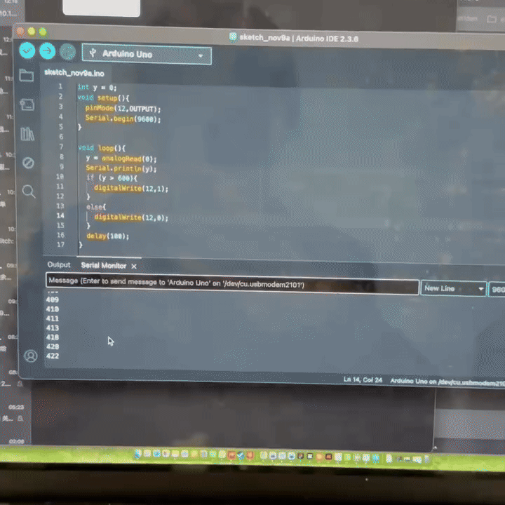 This time, we finally succeeded. It turned out that our initial suspicion was correct—the problem was caused by the resistor. But since we didn’t have alternatives at the time, we ended up spending a lot of time on troubleshooting. As shown in the image, when a hand covers the light sensor, the LED lights up. This aligns with the core idea of our final design: using sensor data changes to trigger TouchDesigner. With this breakthrough, we were finally able to move forward.

