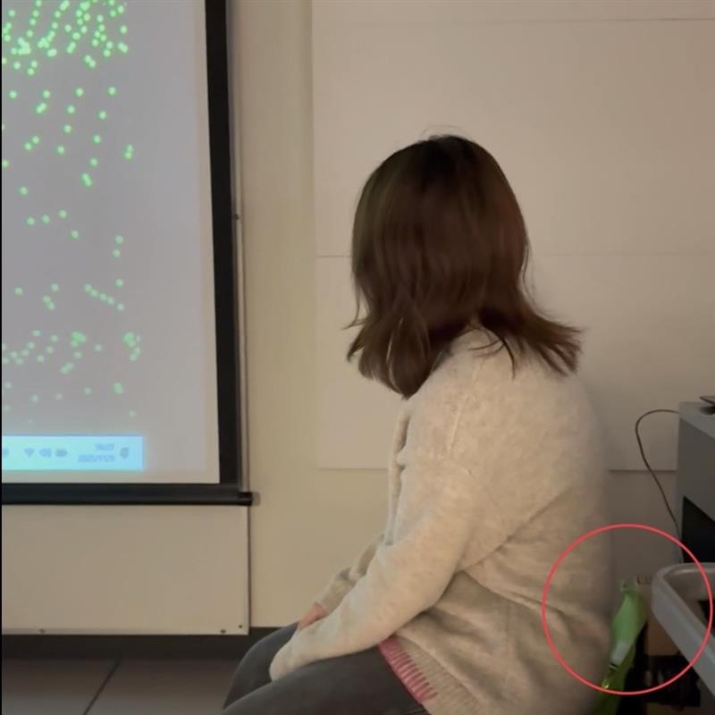 One of our teammates tested the prototype. As shown in the red circle, the device is not very large, so the comfort level was slightly better than we expected, though there is still a lot of room for improvement. Because of this, in Project 3 we are considering replacing the light sensor with a pressure sensor. A pressure sensor is thinner and can be placed inside the cushion to improve comfort, and it would prevent the system from being accidentally activated just because the room becomes dark.
