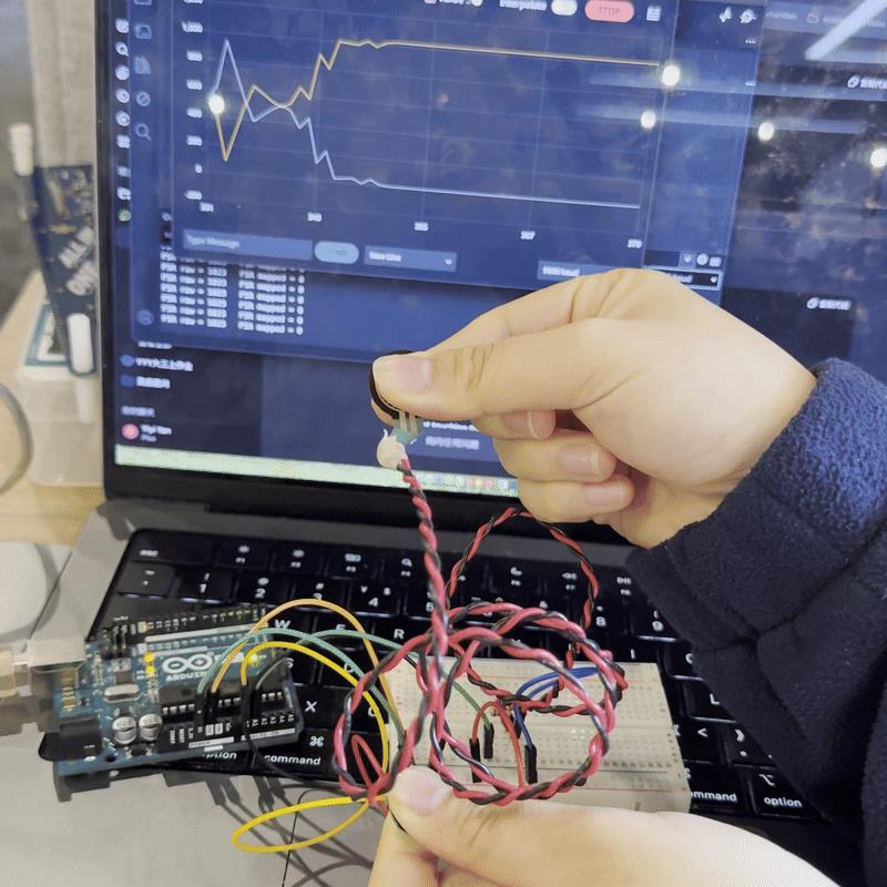 Based on several tutorials, we connected both sensors to the circuit at the same time. To test whether they were functioning correctly, we opened the serial plotter and observed two separate lines representing different data streams. This confirmed that we could proceed to the next step: adding both sensors to the serial input.