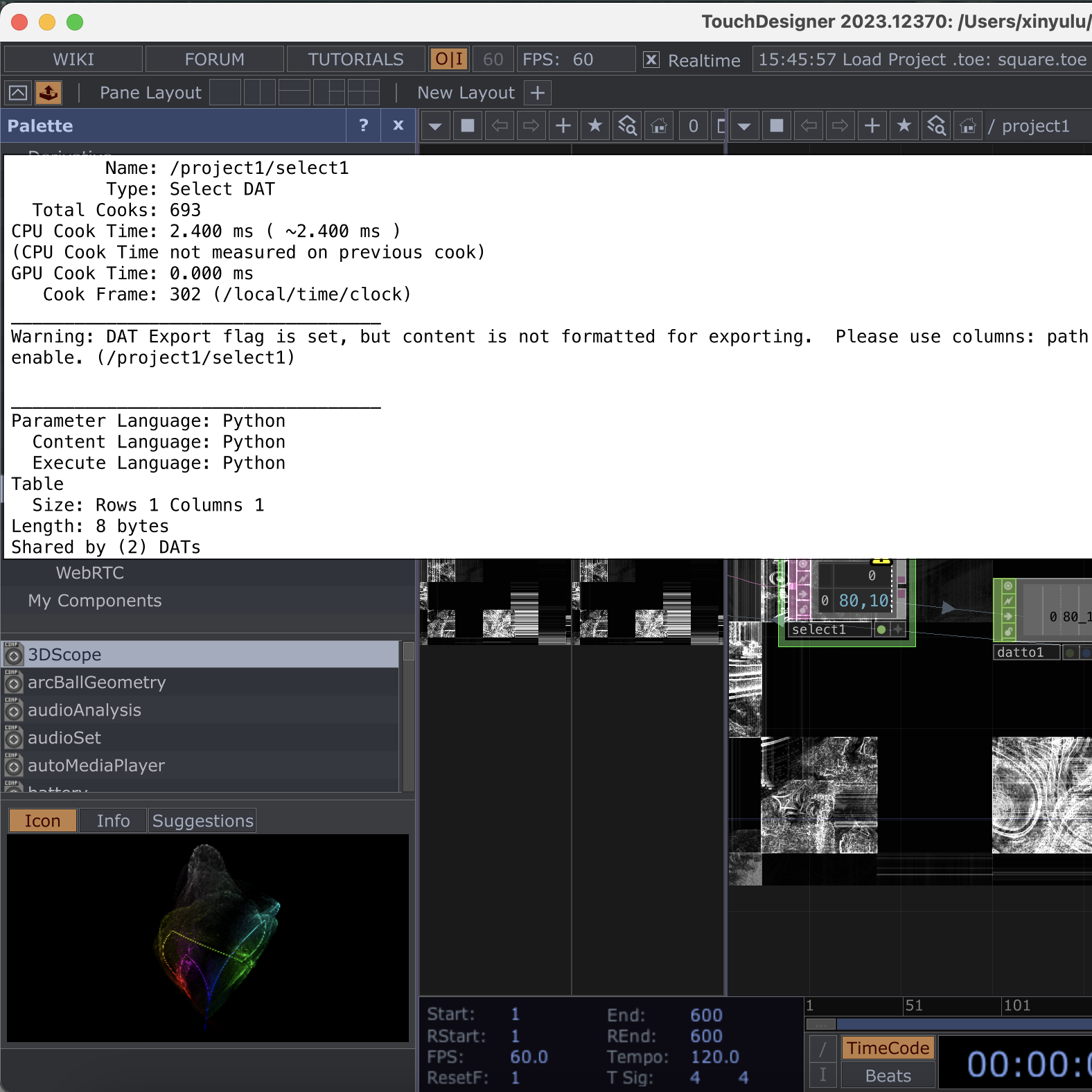 When we tried to use the serial data to control brightness, TouchDesigner produced an error like the one shown. After consulting tutorials and searching online, as well as asking GPT, we were not able to resolve the issue on our own. Since Python is not a programming language we are familiar with, we eventually asked a programmer friend for help, and she helped us correct the incorrect exporting content. Although we did not solve this problem independently, we at least learned more about how TouchDesigner handles Python-based scripting and data exporting, which expanded our technical understanding.