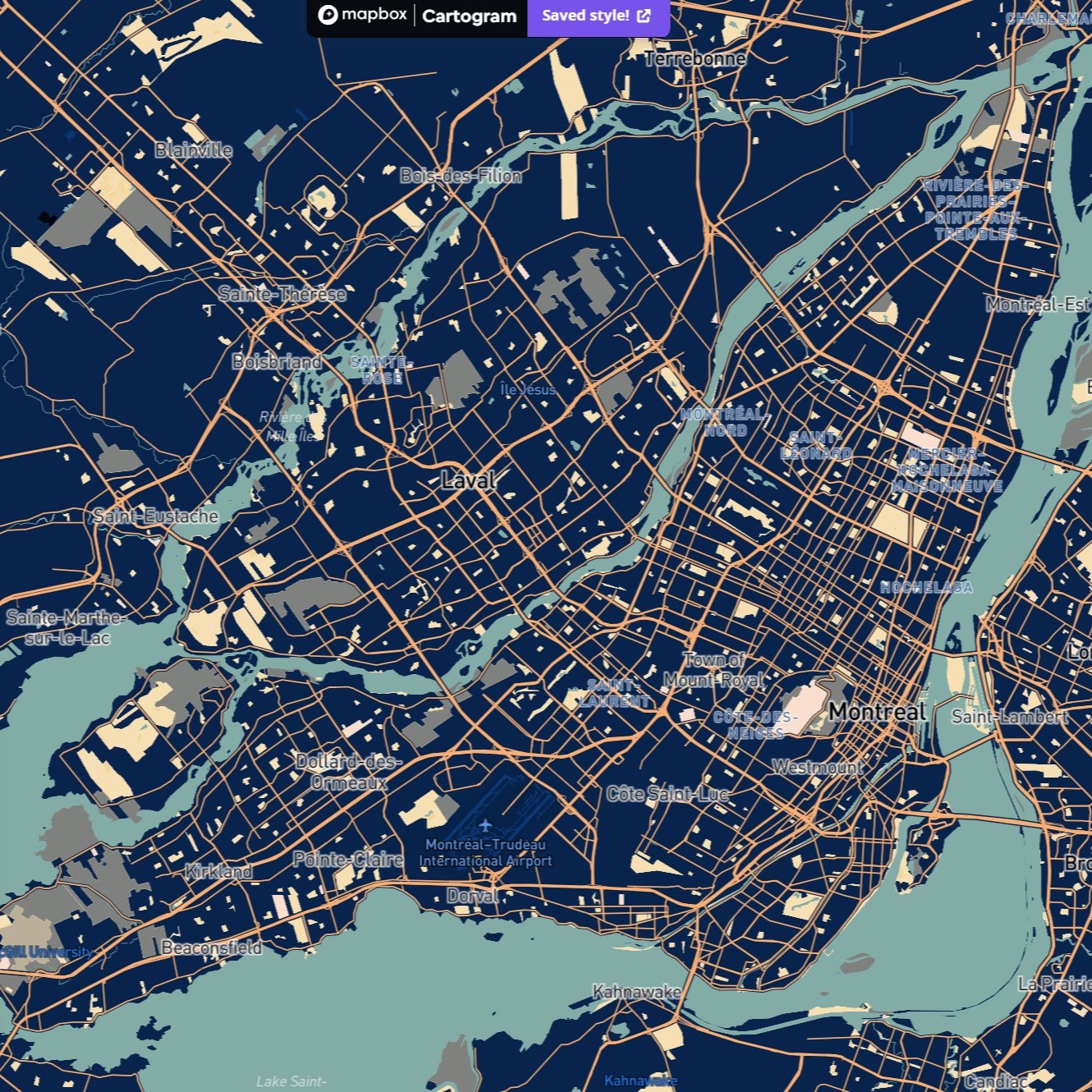 My first Mapbox quest. My original image was a night view of Montreal. I used the yellow color of the lights to show the green space and create a feeling as if I were looking down on Montreal from high in the sky at night.