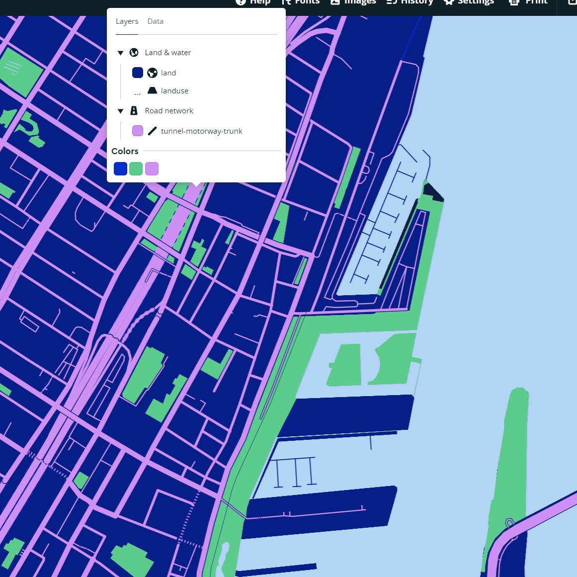 I removed all the text, and unnecessary details like: sidewalks. This makes the map more suitable for laser cutting. Also, while exploring Mapbox I realized that by clicking I can bring up a menu of selected areas and target the selected area, instead of having to go from the layer menu one by one to find the place I want to change.