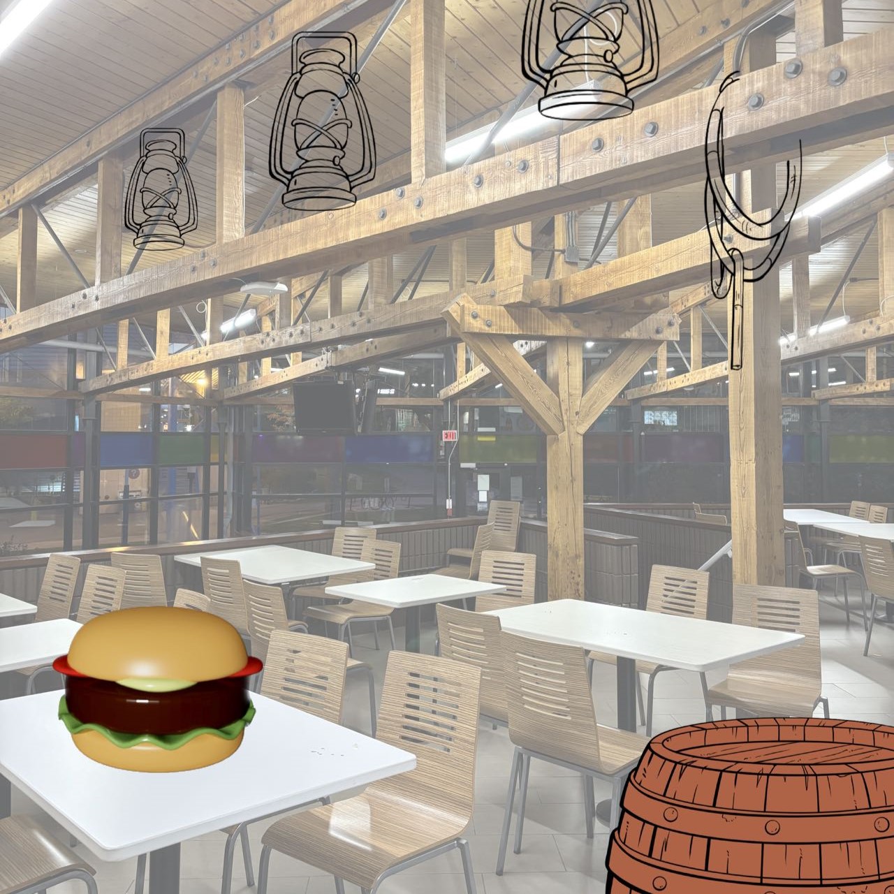 Our group chose to further research and design the space of the cafeteria. We thought the style of the wood structure in the cafeteria would be perfect for a pirate style or an Irish pub vintage style. So, we added barrels, oil lamps, and ropes to make the entire cafeteria look like a pirate ship. We worked well together, everyone gave different ideas and respected each other's ideas, and Wanyue's excellent drawing skills helped to bring our ideas to life.

